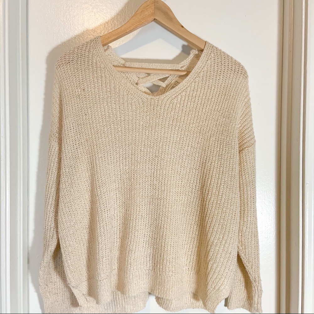 Cream Lace-Up Back Knit Sweater